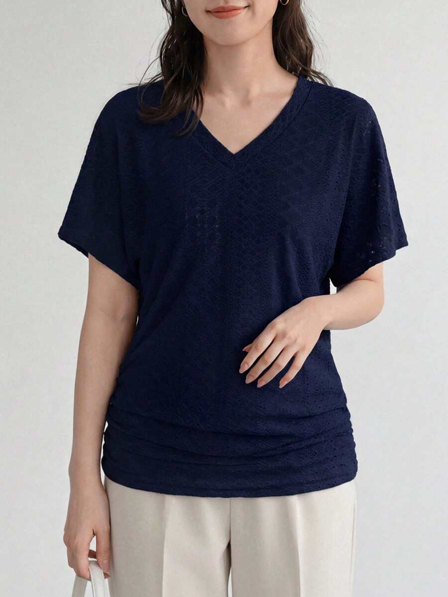 SHEIN LUNE 女款蝙蝠袖寬鬆休閒T恤 - 藏蓝色 - 查看 1