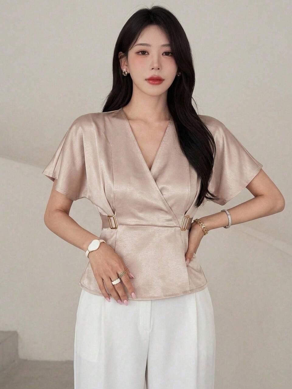 Women's Summer French Chic Elegant Blouse, Light Luxury High-End Commuter Versatile Cinched Waist Batwing Pink Shirt