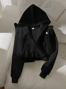 SHEIN Tween女孩寬鬆休閒極簡舒適日常街頭風連帽短版長袖衛衣 秋季外套 白色返校穿搭 - 黑色 - 查看 8