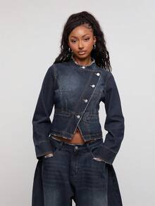 COUREZ Asymmetric Front Military Denim Jacket, Y2K Autumn Fall Going Out Festival Concert Lightweight Drummer Jacket , Fall Winter For Women - Dark Wash - View 2