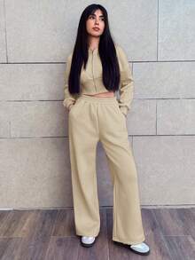 Hitanina 女款前拉鍊連帽外套與長褲兩件套優雅套裝 - 卡其色 - 查看 5