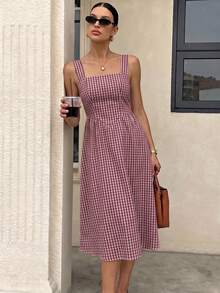 Siren Gaze Casual Vacation Style Red Plaid Full Print Pattern Women's Mid-Length Dress Suitable For Spring And Summer - Multicolor - View 5