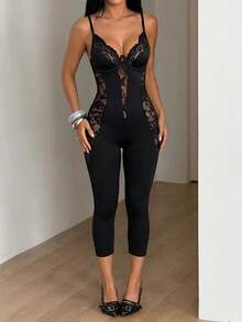 SHEIN ICON Women's Lace Patchwork Sexy Bandage Fitted Camisole Jumpsuit Club Night Out Black Summer Halloween - Black - View 3