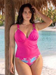Swim Lushoire مجموعة ملابس سباحة نسائية بمقاسات كبيرة بطبعة صدفية جديدة ربيع/صيف 2026، أزرق فاتح استوائي لعطلة الشاطئ - متعدد الألوان - مشاهدة 1