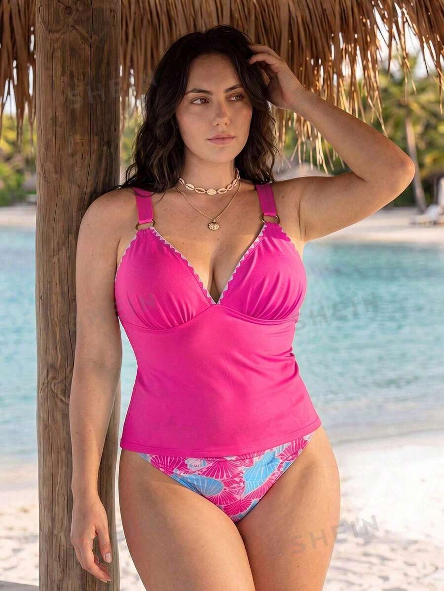 Swim Lushoire مجموعة ملابس سباحة نسائية بمقاسات كبيرة بطبعة صدفية جديدة ربيع/صيف 2026، أزرق فاتح استوائي لعطلة الشاطئ - متعدد الألوان - مشاهدة 1