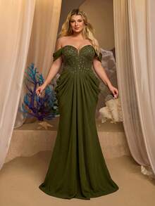Glamrae Plus Size Elegant Glamorous Sequin Patchwork Elastic Knit Off-Shoulder Cap Sleeve Ruched Bodycon Mermaid Hem Evening Gown Suitable For All Formal Occasions - Army Green - View 3