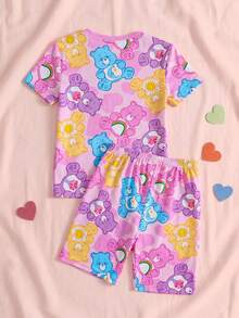 SHEIN X Care Bears Tween Girl Short Sleeve Top And Shorts Loungewear - Multicolor - View 2