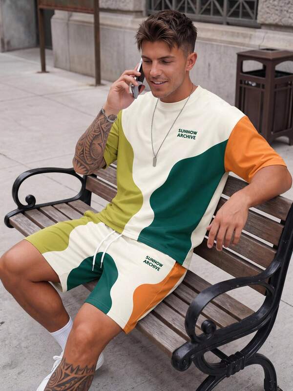Sorvial Men's Color Block Print Short Sleeve T-Shirt And Letter Print Drawstring Waist Pocket Shorts Set