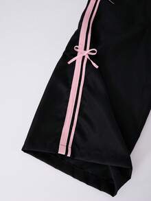 SHEIN 2件組青少年短袖上衣與長褲套裝，蝴蝶結緞帶粉色，適合春夏，運動與通勤穿著 - 彩色 - 查看 3