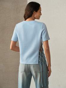 Anewsta Women's Fashion Casual Side Seam Patchwork Rhinestone Mesh Long Tassel Minimalist T-Shirt - Blue - View 2