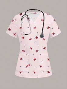 PopScrub Seragam Scrub Wanita Motif Polkadot dan Pita, Atasan, Rumah Sakit Hewan Peliharaan - MultiWarna - View 1