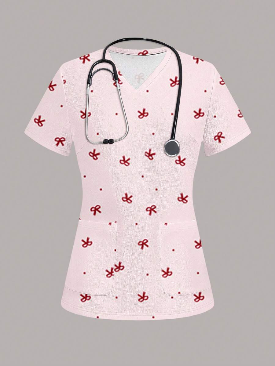 PopScrub Seragam Scrub Wanita Motif Polkadot dan Pita, Atasan, Rumah Sakit Hewan Peliharaan - MultiWarna - View 1