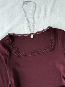 Tween Girl Lace Square Neck Simple Versatile Comfortable Fashion Top Suitable For Daily Wear, Party, Outing Fall/Winter - Burgundy - View 3