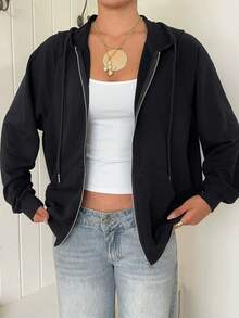 SHEIN EZwear Zip Up Raglan Sleeve Drawstring Hoodie,Long Sleeve Tops In Autumn/ Back-To-School School Black Casual - Black - View 5