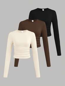 SHEIN Girlism Teen Girl Knit Solid Color 3pcs Pieces Set Round Neck Ruched Long Sleeve T-Shirts - Multicolor - View 1