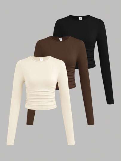 SHEIN Girlism Conjunto de 3 piezas de camiseta de punto de color liso con cuello redondo, mangas largas y fruncido para adolescentes