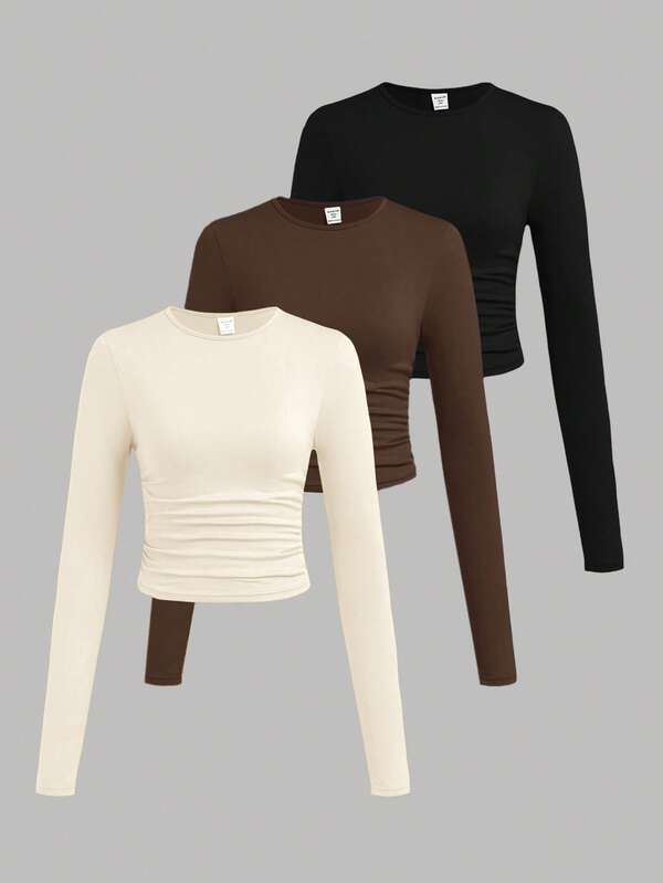 SHEIN Girlism Conjunto de 3 piezas de camiseta de punto de color liso con cuello redondo, mangas largas y fruncido para adolescentes