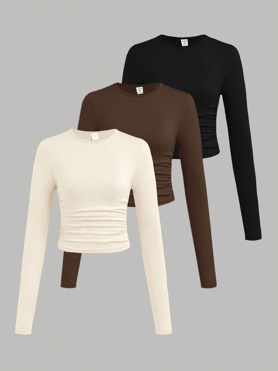 SHEIN Girlism Teen Girl Knit Solid Color 3pcs Pieces Set Round Neck Ruched Long Sleeve T-Shirts - Multicolor - View 1