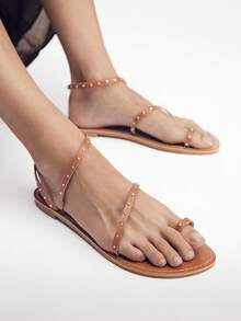Mnmlis Women's Fashion Simple Texture Rivet Design Flat Sandals - Brown 1 - View 3