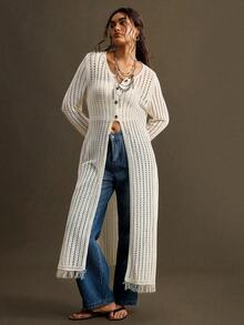 Nubod Plus Size Loose Casual Vacation Hollow Out Button Knit Cardigan Fall - White - View 5