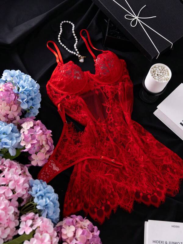 Crystal Vow 2pcs Lace Underwire Sheer Sexy Nightgown