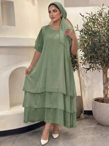 SHEIN Lady CURVE 大码休闲连衣裙，白色圆领，不对称飘逸下摆，波西米亚风格，适合春夏穿着 - 綠色 - 查看 4