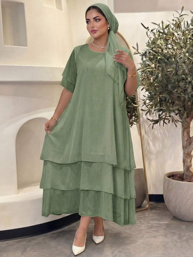 SHEIN Lady CURVE 大码休闲连衣裙，白色圆领，不对称飘逸下摆，波西米亚风格，适合春夏穿着 - 綠色 - 查看 4
