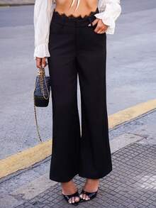 Sandy Gomes Loose Casual Contrast Lace Women Black Pants Y2k Fall - Black - View 4