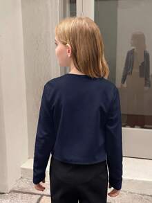 SHEIN 兒童青少年女孩休閒日常百搭純色百褶圓領前開扣短版七分袖秋季外套，返校季 - 藍色 - 查看 7