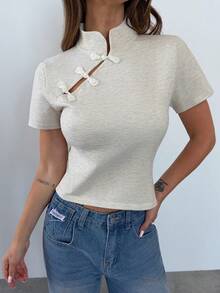 Firerie Elegant Casual Stand Collar Long Sleeve Knit Vest Autumn/Winter White Chinese Style Frog Button Stand Collar Waist-Cinching Women's Sweater Top - Apricot - View 1