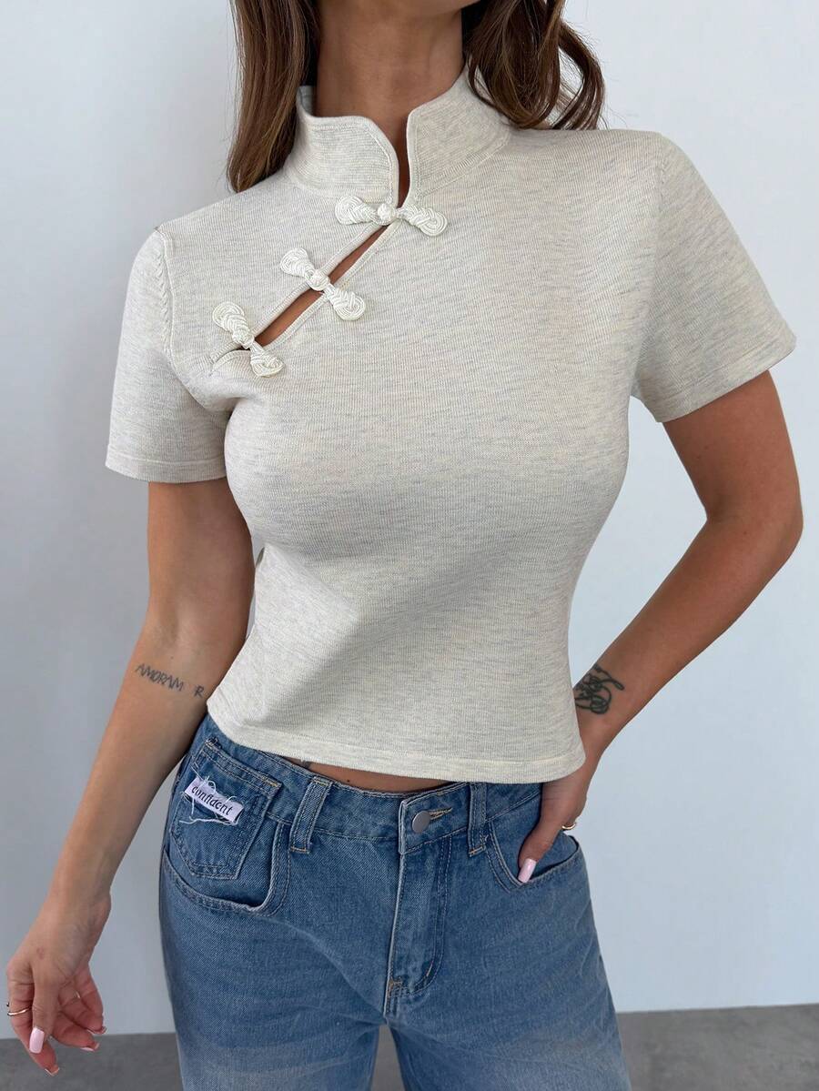 Firerie Elegant Casual Stand Collar Long Sleeve Knit Vest Autumn/Winter White Chinese Style Frog Button Stand Collar Waist-Cinching Women's Sweater Top - Apricot - View 1