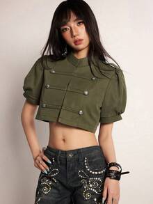 Rina Fox 女款鈕扣設計短款花瓣袖短夾克 - 軍綠色 - 查看 4