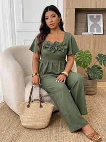 SHEIN CURVE+ Plus Size 3D Floral Decor Ruffle Hem Top And Loose Long Pants 2 Pieces Set - Army Green - View 5