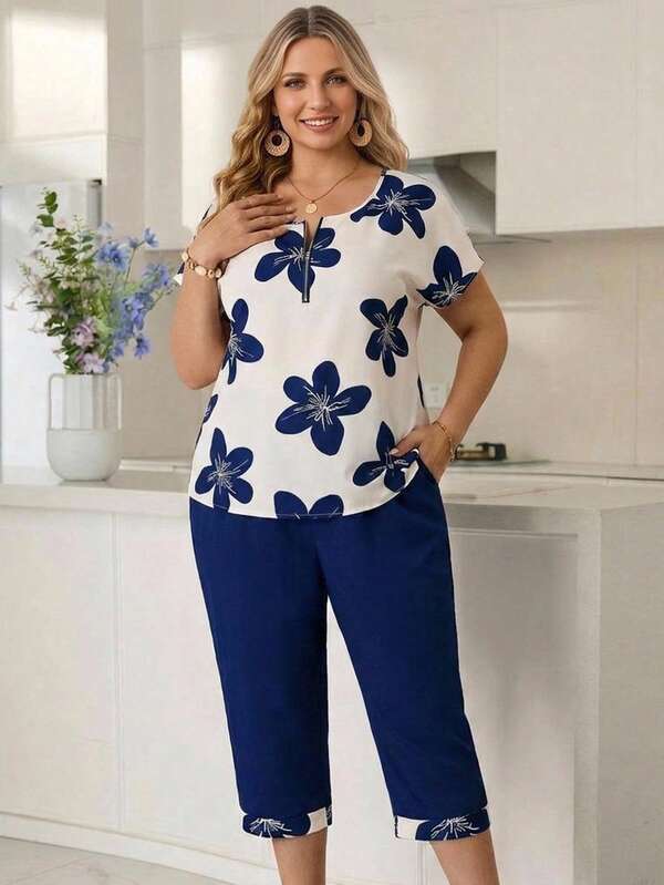 Rosumi Women's Plus Size Floral Print Shirt And 3/4 Pants Set, Back To School Clothes  Summer Going Out OutfitsCasual Style Printed Top And Cropped Pants Set