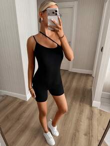 Women's Solid Color Casual Daily Outing Camisole Romper - Black - View 1