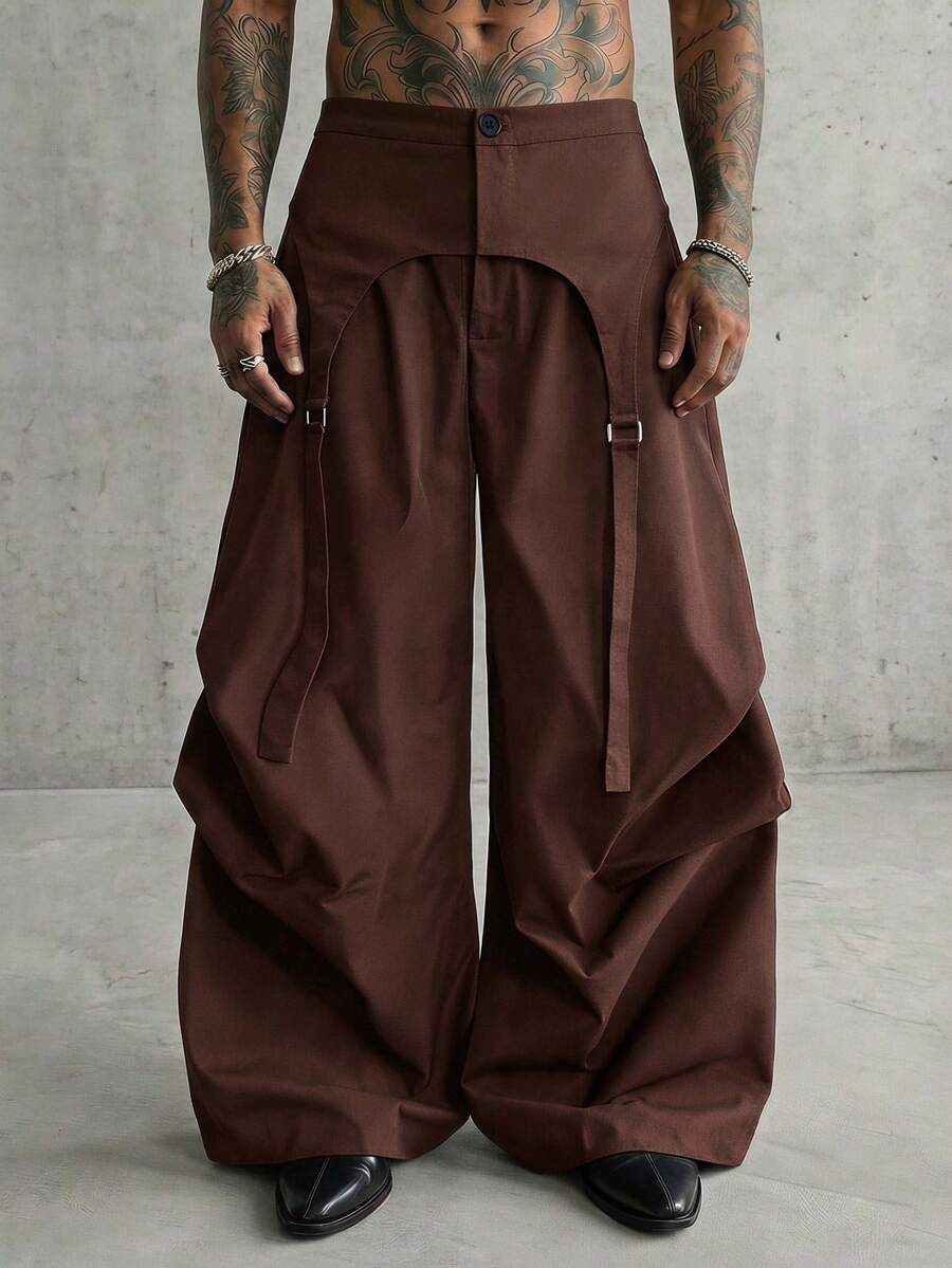 AXEPEAK Men's Solid Color Buckle Design Pleated Wide Leg Loose Fit Long Pants - Brown - View 1