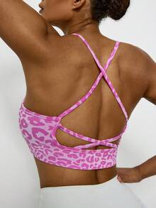 Voyena Damen Sport-BH in großen Größen mit Leopardenmuster und Kreuzdesign, geeignet für Yoga, Laufen und andere Sportarten. Rosa Leopardenmuster Sport-BH, Leopardenmuster Sport-BH, Gepardenmuster Sport-BH. - Pink - Übersicht 3
