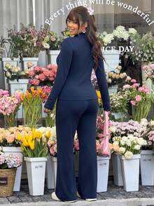SHEIN EZwear 大码休闲轻便瑜伽夹克和喇叭裤两件套大码两件套裤装女式海军蓝女式长袖裤套装海军蓝大码裤装，女士秋季服装 - 藏蓝色 - 查看 4