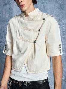 ROMWE MEN Casual Men's Solid Color Small Stand Collar Metal Button Shoulder Epaulette Decor Court Style Asymmetric Placket Half Sleeve Denim Shirt - White - View 5