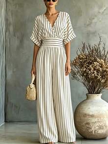 LUMIGAL European & American Fashion New Women's Clothing, Elegant Striped Waist-Cinched V-Neck Jumpsuit, Suitable For Daily Wear, Fashion Commute Outfit, Business Office Attire, Versatile Fashion Casual Wear, Urban Teacher Professional Outfit - Multicolor - View 3