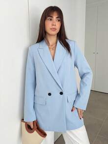Hitanina Women's Business Style Solid Color Double-Breasted Blazer Jacket For Commuting, Autumn  - Baby Blue - View 6