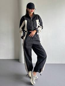 Dazy Tall Women's Colorblock Patchwork Short Jacket And Loose Long Pants Street Casual 2 Pieces Set Fall - Black - View 5