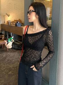 Dazy Tall Women's Asymmetric Shoulder Long Sleeve Textured Semi-Sheer Casual Top Fall - Black - View 15
