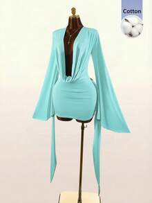 Amplova Romantic Low-Cut Draped Neckline Large Bell Sleeve Bodycon Fitted Mini Dress - Green - View 3