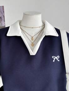 Tween Girl Casual Versatile Blue Tone Collared Preppy Style Back To School Embroidered Sweatshirt Fall/Winter - Blue - View 5