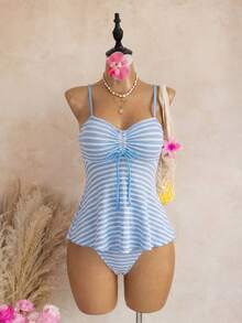 Swim Mod 夏季新款性感修身露背條紋抹胸兩件式套裝，荷葉邊上衣搭配三角泳褲，小胸聚攏細肩帶坦克比基尼泳衣，適合女性女孩，甜美風格，適用溫泉、海灘度假、生日派對 - 淺藍色 - 查看 3