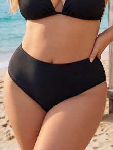 SHEIN CURVE+ Quần bikini cạp cao màu đen trơn dáng rủ phong cách nhiệt đới cho tiệc bãi biển nghỉ hè 2026, size lớn - màu đen - Xem 2
