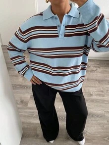 SHEIN EZwear 女士条纹长袖高领休闲宽松毛衣 - 彩色 - 查看 7