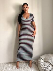 SHEIN SXY 女款純色V領修身短袖洋裝，雞尾酒洋裝 - 彩色 - 查看 4