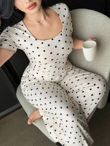 Dazy Plus Fashion Polka Dot Fitted Short Sleeve Top & Long Pants 2-Piece Set, Spring/Summer Loungewear Pajama Set - Apricot - View 1